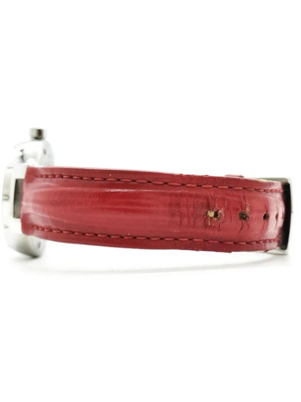 Authentic Louis Vuitton Tambour Black Dial Red Leather Strap Swiss Quartz